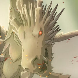 A headshot of a golden colored dragon from Studio Ghibli's movie, Tales from Earthsea.